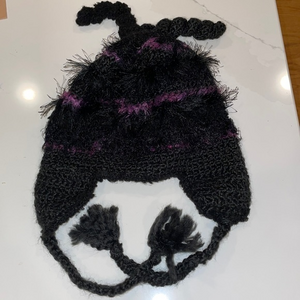 Handmade Knit Hat Ear Flaps‎ Tie Neck Whimsical Black Purple One Size